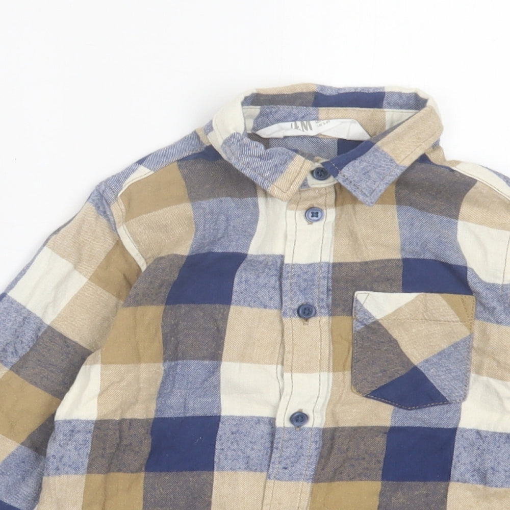 H&M Boys Brown Plaid Cotton Basic Button-Up Size 3-4 Years Collared Button