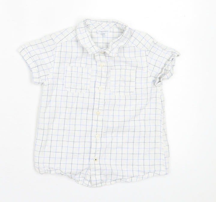 Fagottino Boys White Plaid Cotton Basic Button-Up Size 24 Months Collared Button
