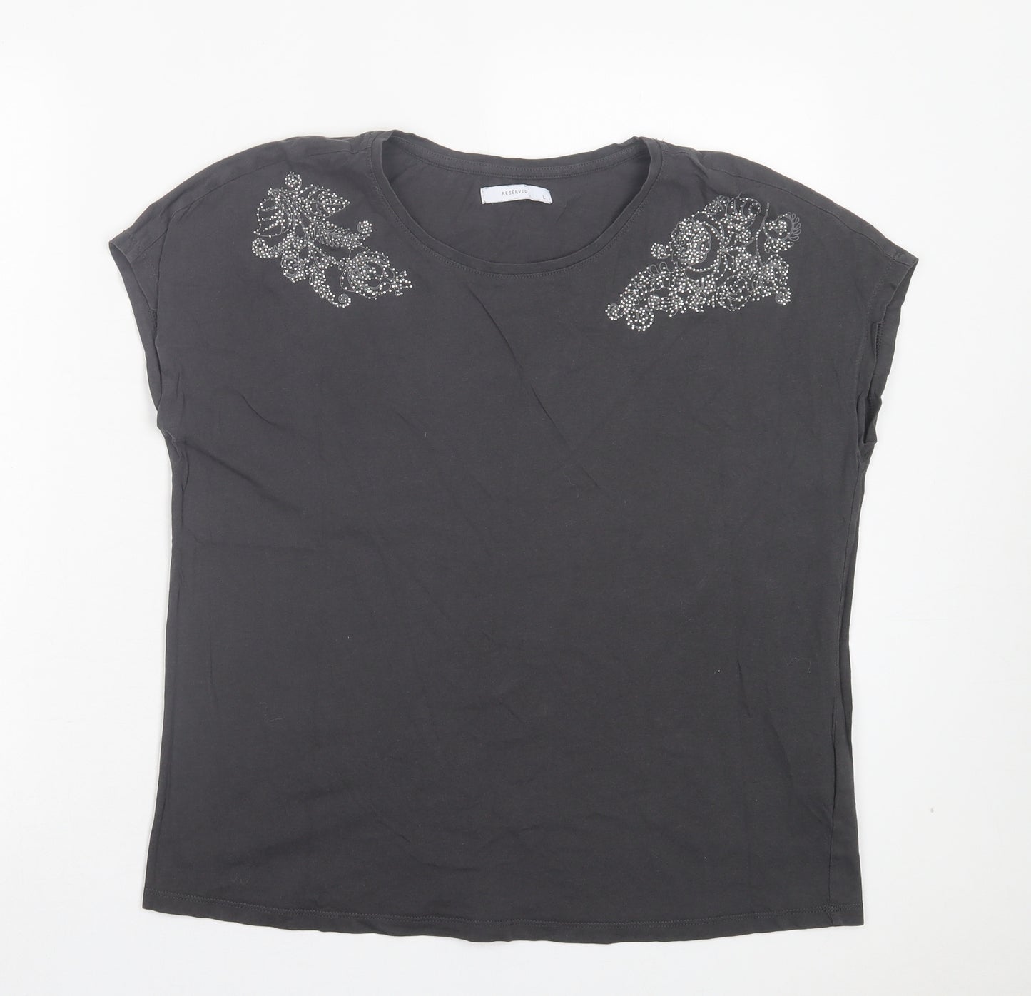 RESERVED Womens Grey Cotton Basic T-Shirt Size L Crew Neck