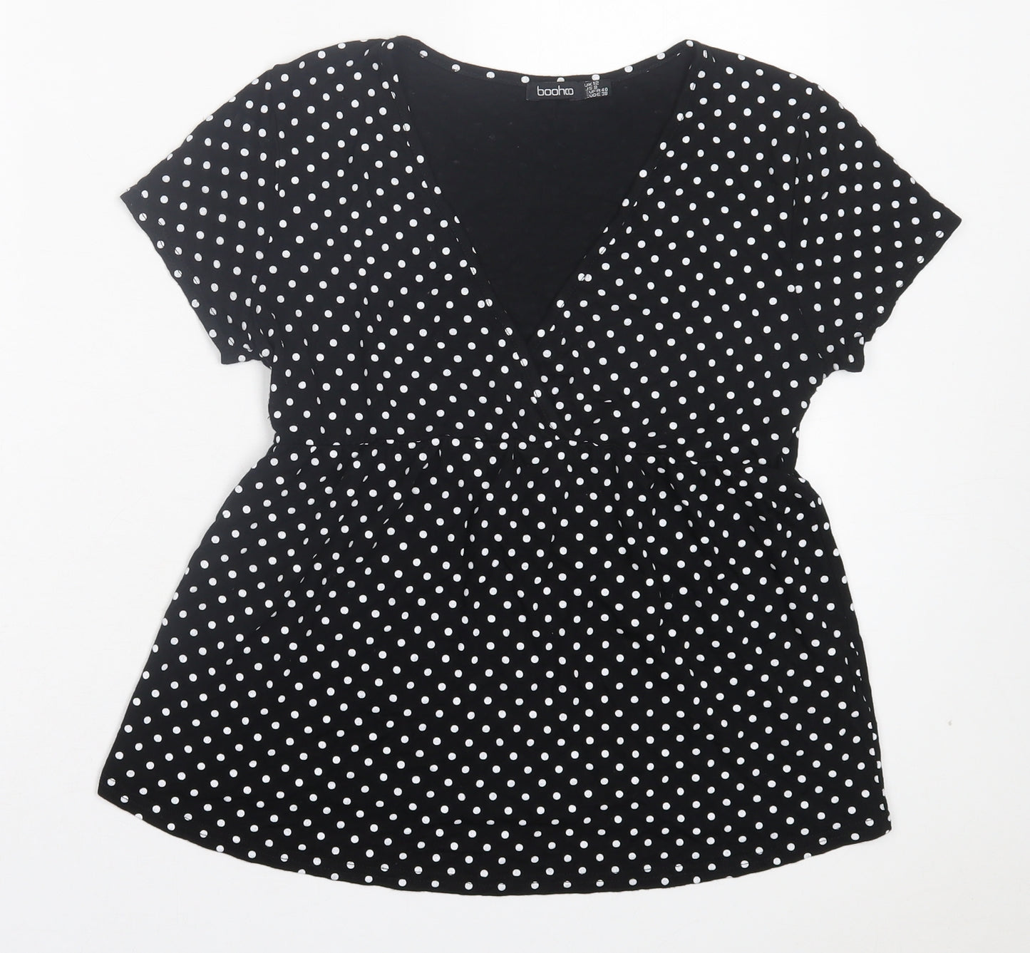 Boohoo Womens Black Polka Dot Viscose Basic T-Shirt Size 12 V-Neck