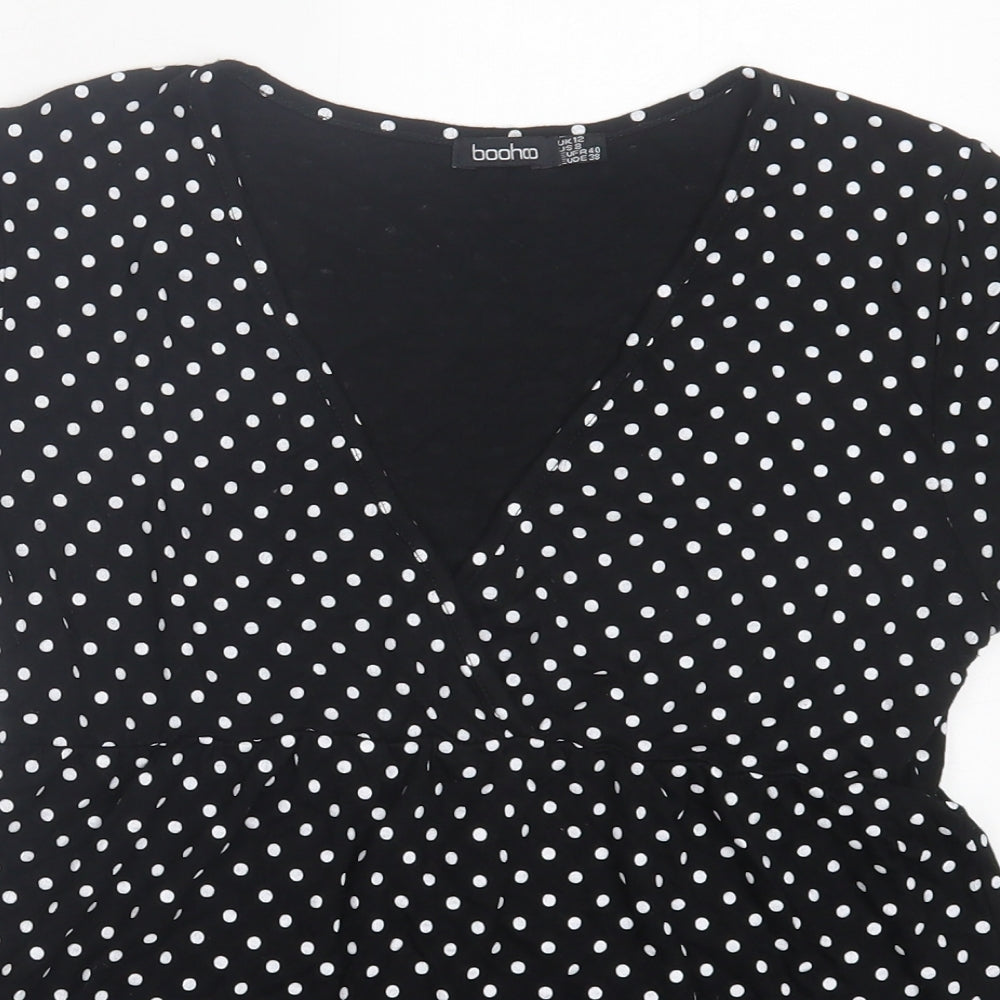 Boohoo Womens Black Polka Dot Viscose Basic T-Shirt Size 12 V-Neck