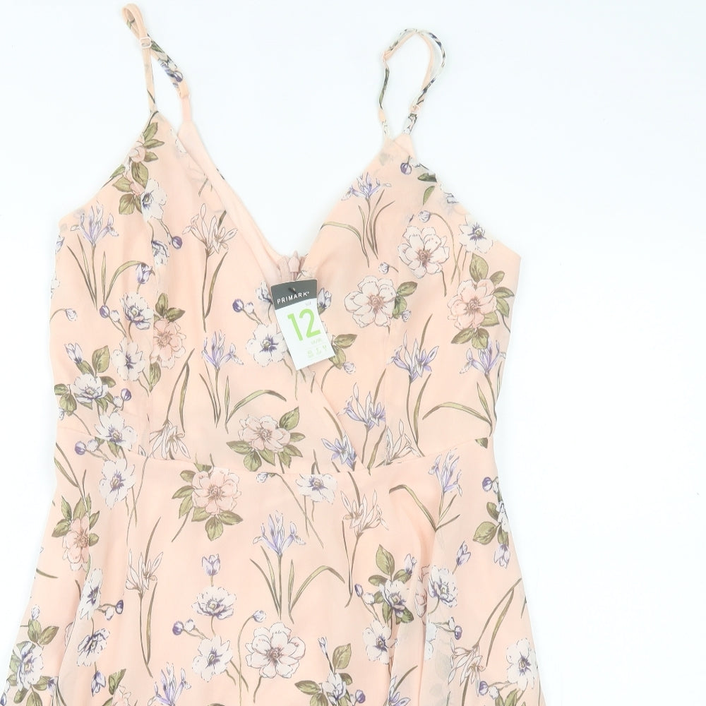 Primark Womens Pink Floral Polyester Fit & Flare Size 12 V-Neck Zip