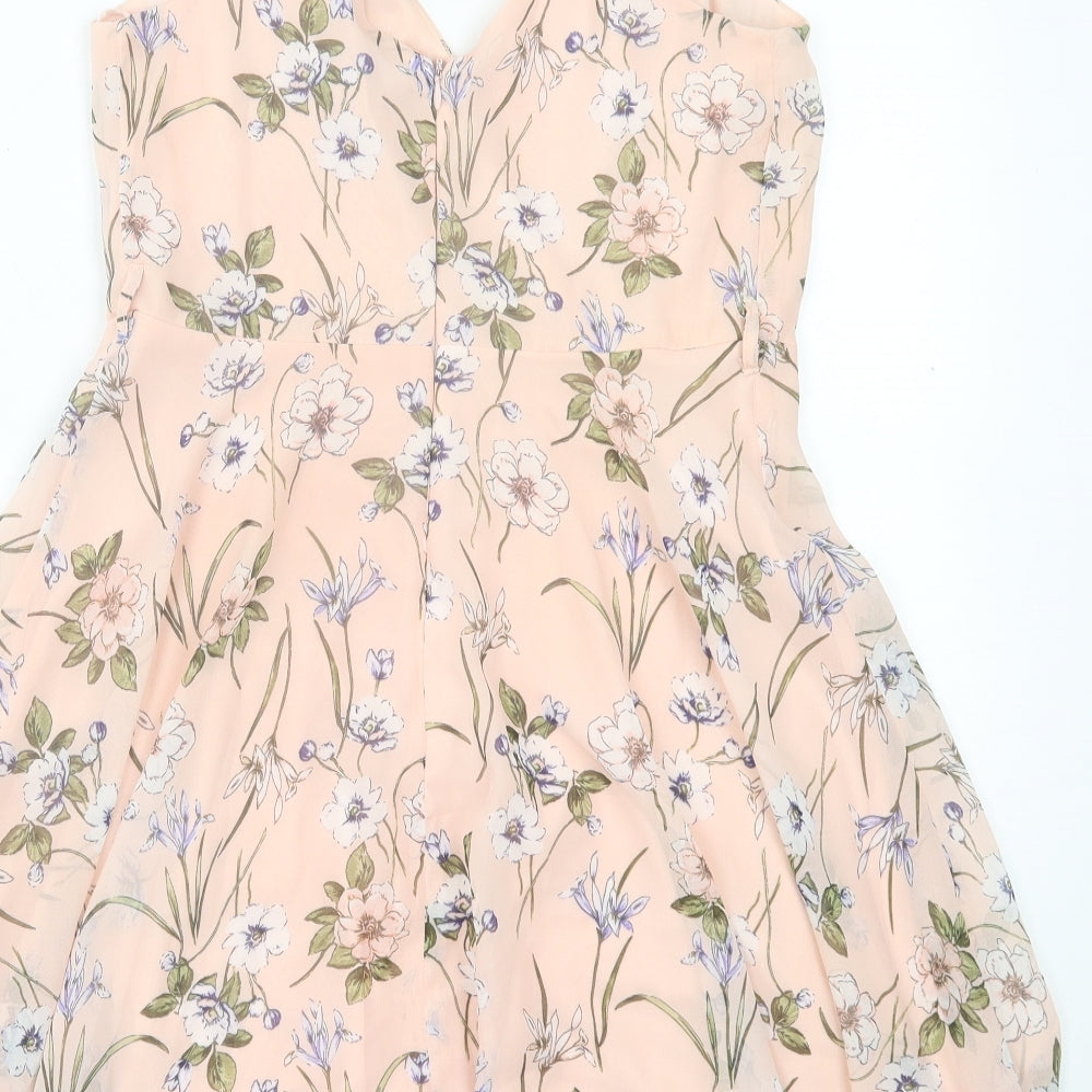 Primark Womens Pink Floral Polyester Fit & Flare Size 12 V-Neck Zip