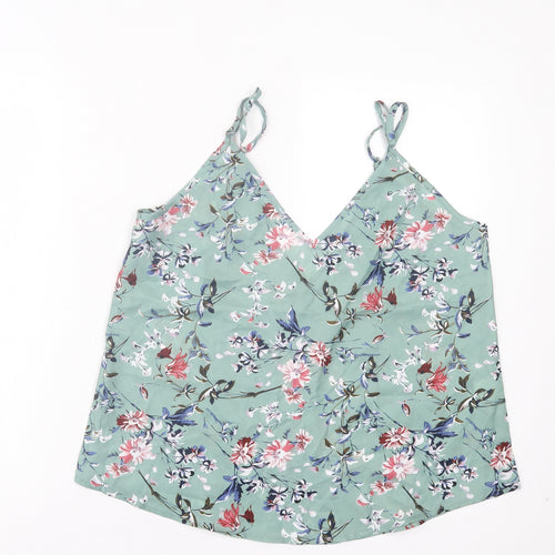 SheIn Womens Green Floral Polyester Basic Tank Size L V-Neck