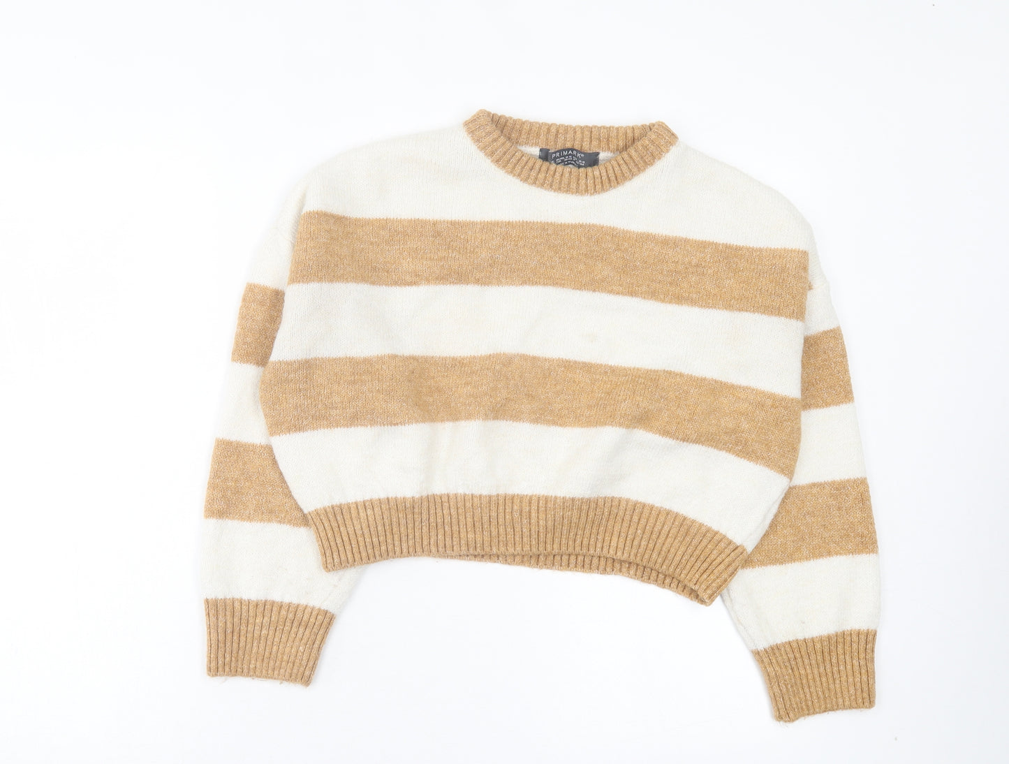 Primark Womens Brown Crew Neck Striped Acrylic Pullover Jumper Size S