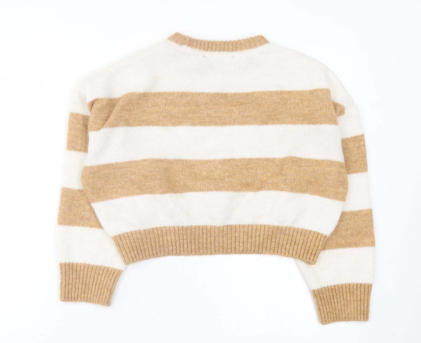 Primark Womens Brown Crew Neck Striped Acrylic Pullover Jumper Size S