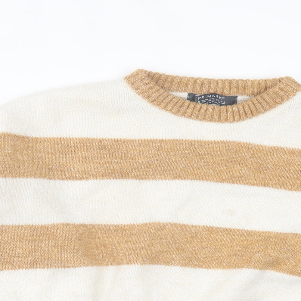 Primark Womens Brown Crew Neck Striped Acrylic Pullover Jumper Size S
