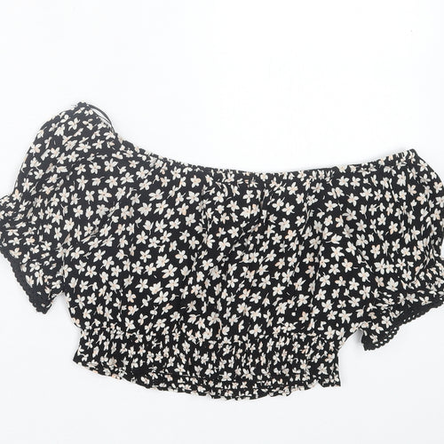 Miss Selfridge Womens Black Floral Viscose Cropped T-Shirt Size 6 Off the Shoulder