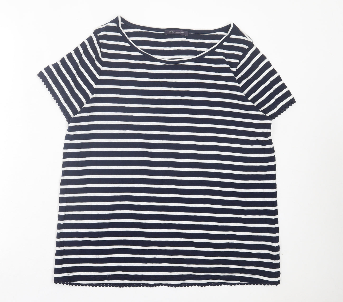 Marks and Spencer Womens Blue Striped Cotton Basic T-Shirt Size 14 Crew Neck