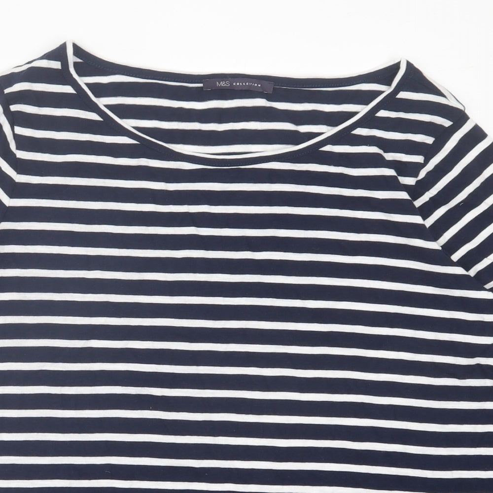 Marks and Spencer Womens Blue Striped Cotton Basic T-Shirt Size 14 Crew Neck