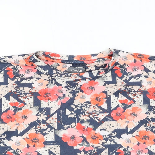 Studio Girls Blue Floral Polyester Basic T-Shirt Size 10-11 Years Round Neck Pullover