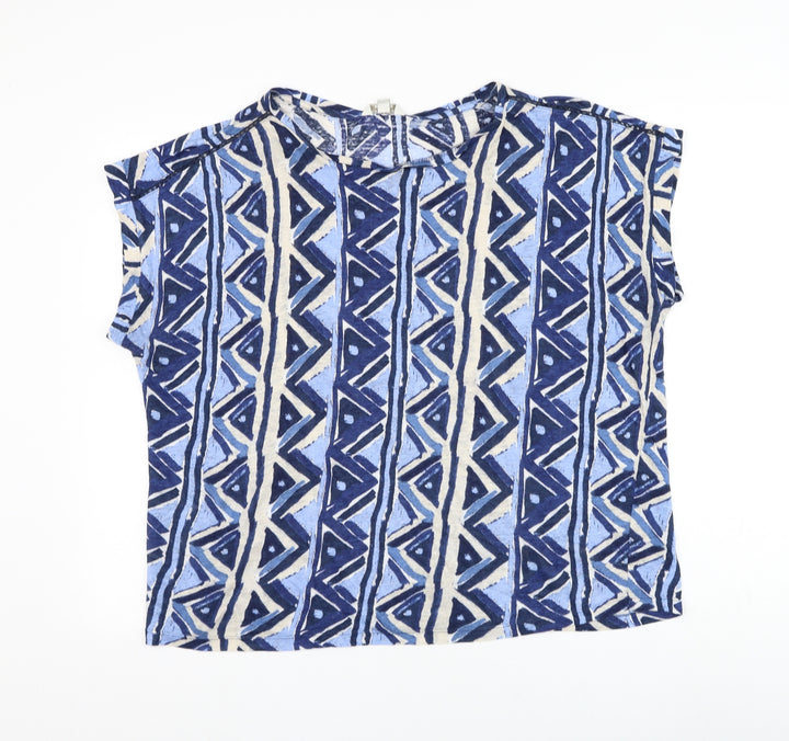 Monsoon Womens Blue Geometric Polyester Basic T-Shirt Size M Round Neck