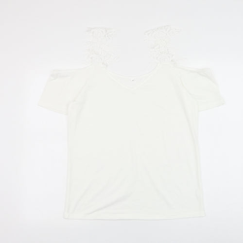 Preworn Womens White Polyester Basic Blouse Size M V-Neck - Crochet Cold Shoulder