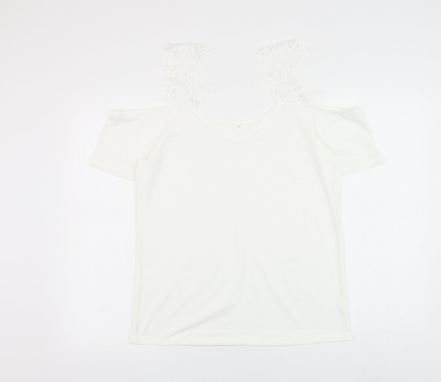 Preworn Womens White Polyester Basic Blouse Size M V-Neck - Crochet Cold Shoulder