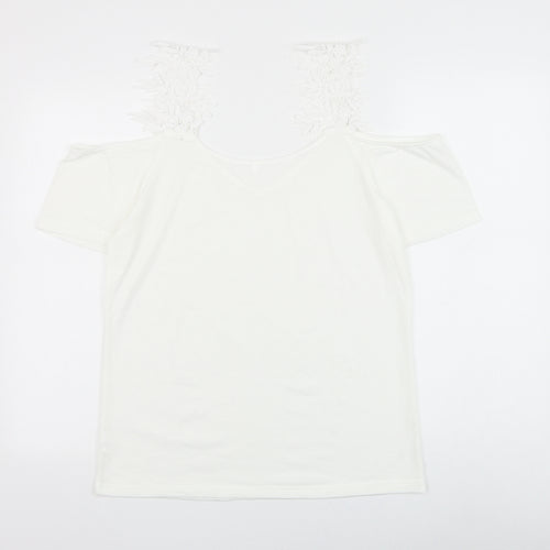 Preworn Womens White Polyester Basic Blouse Size M V-Neck - Crochet Cold Shoulder