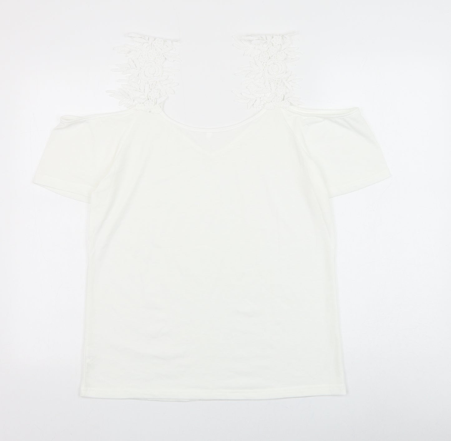 Preworn Womens White Polyester Basic Blouse Size M V-Neck - Crochet Cold Shoulder
