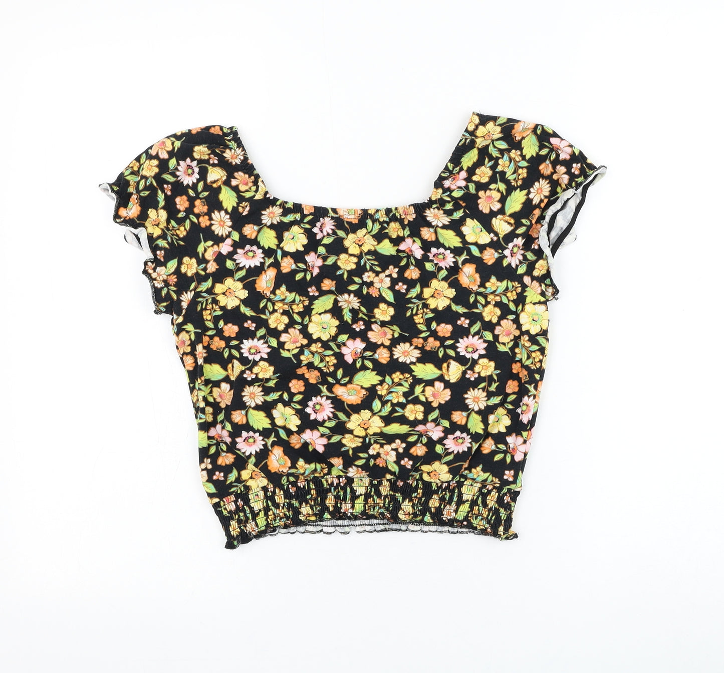 George Girls Black Floral Cotton Basic Blouse Size 11-12 Years Boat Neck Pullover