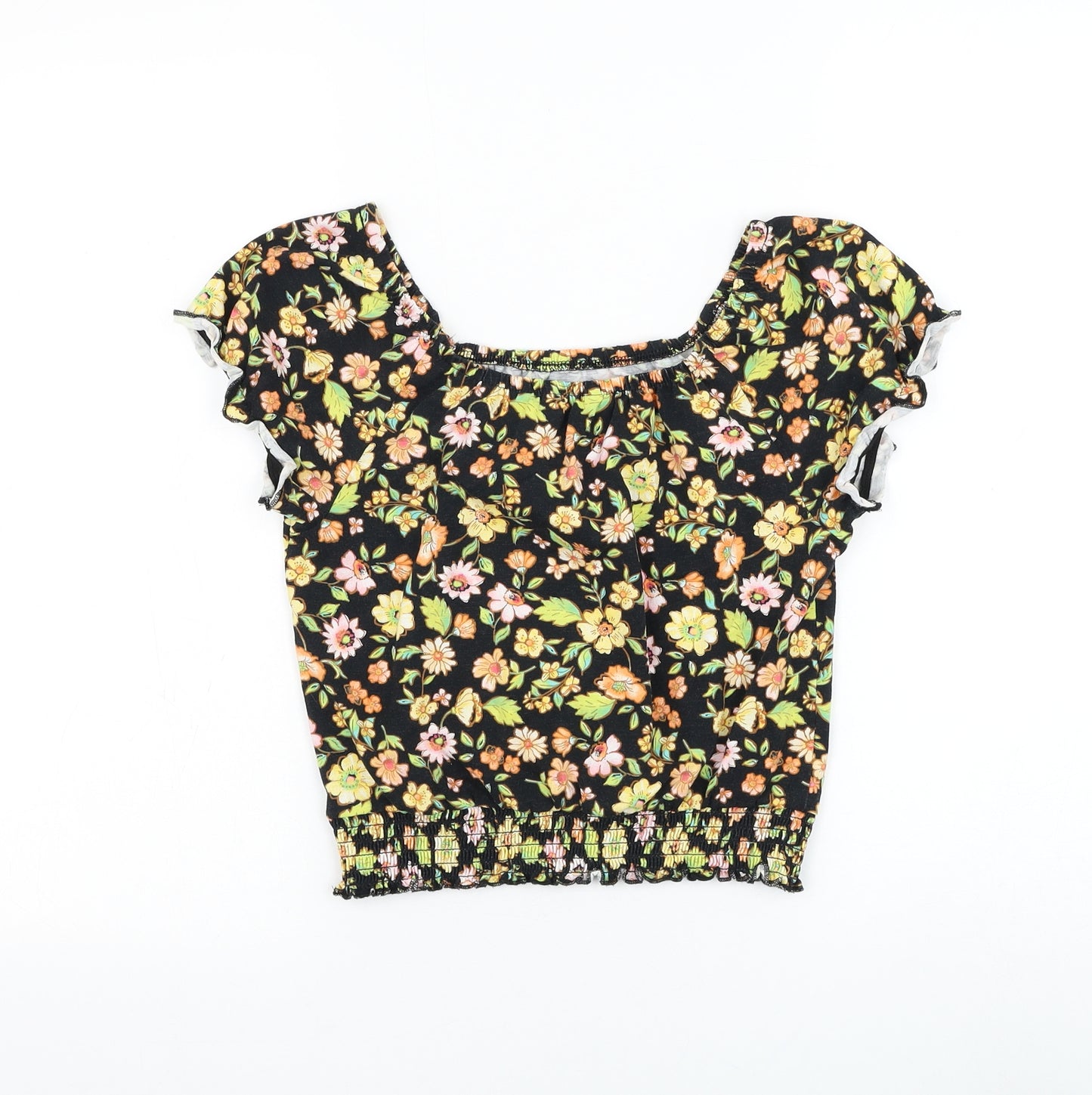 George Girls Black Floral Cotton Basic Blouse Size 11-12 Years Boat Neck Pullover