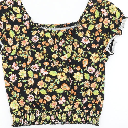 George Girls Black Floral Cotton Basic Blouse Size 11-12 Years Boat Neck Pullover