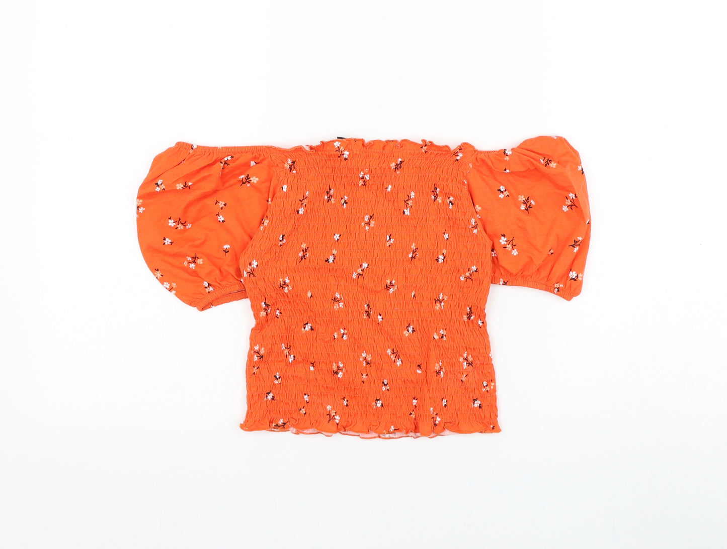 New Look Girls Orange Floral Cotton Basic Blouse Size 14-15 Years Square Neck Pullover - Cropped
