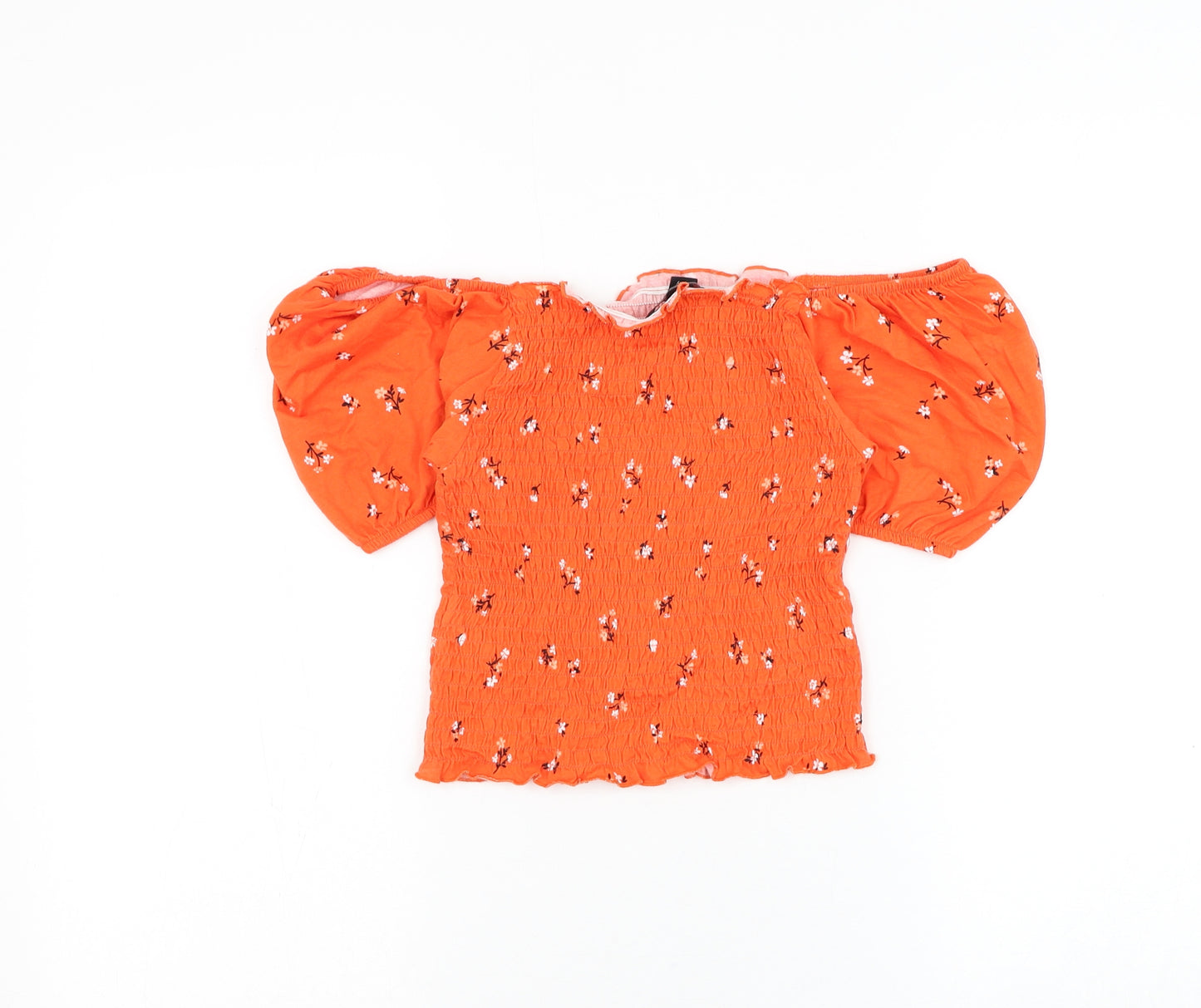 New Look Girls Orange Floral Cotton Basic Blouse Size 14-15 Years Square Neck Pullover - Cropped