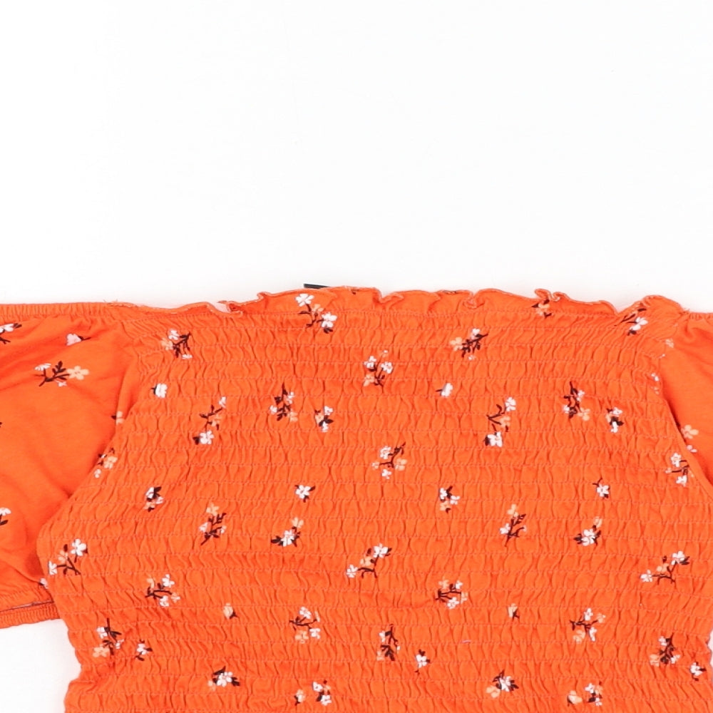 New Look Girls Orange Floral Cotton Basic Blouse Size 14-15 Years Square Neck Pullover - Cropped