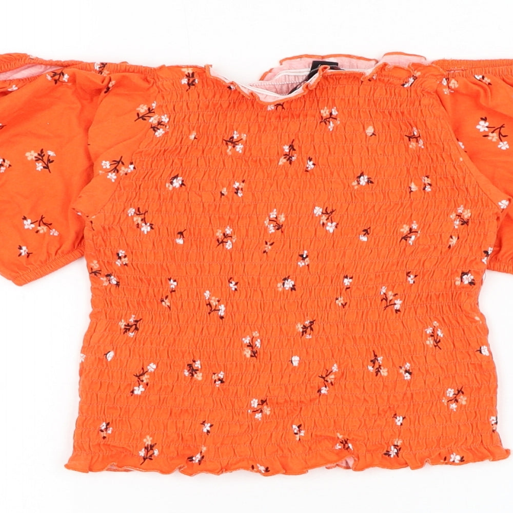 New Look Girls Orange Floral Cotton Basic Blouse Size 14-15 Years Square Neck Pullover - Cropped