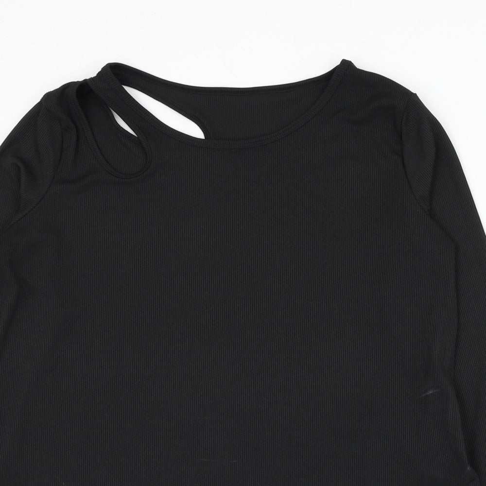 SheIn Womens Black Polyester Basic Blouse Size M Boat Neck - Ribbed Cut Out Shoulder