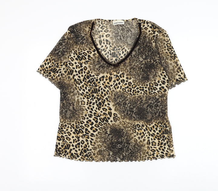 Gerry Weber Womens Brown Animal Print Polyester Basic Blouse Size 14 V-Neck - Lettuce Hem