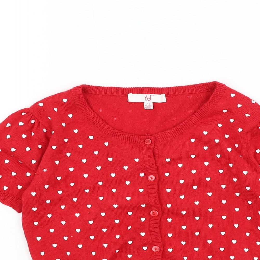 Primark Girls Red Round Neck Geometric Cotton Cardigan Jumper Size 7-8 Years Button - Heart