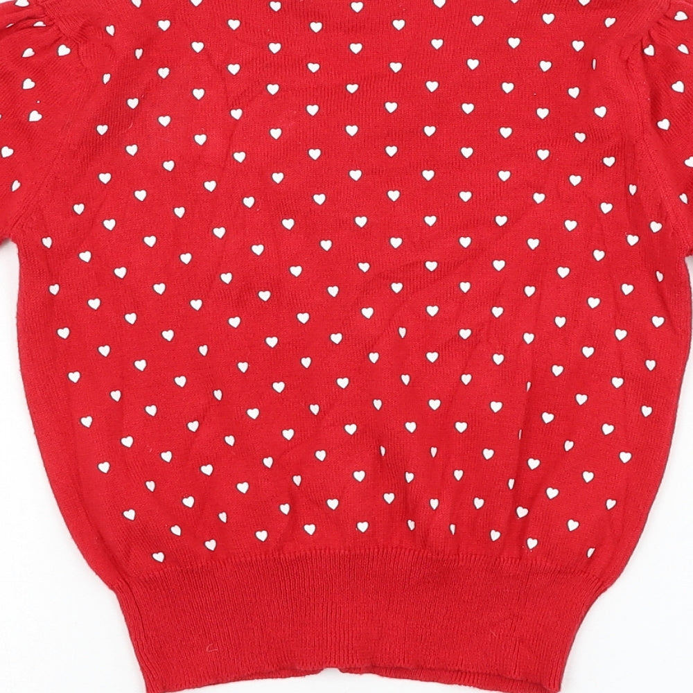 Primark Girls Red Round Neck Geometric Cotton Cardigan Jumper Size 7-8 Years Button - Heart