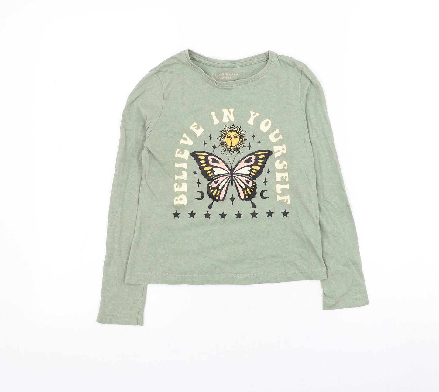 Primark Girls Green Cotton Basic T-Shirt Size 8-9 Years Round Neck Pullover - Believe In Yourself