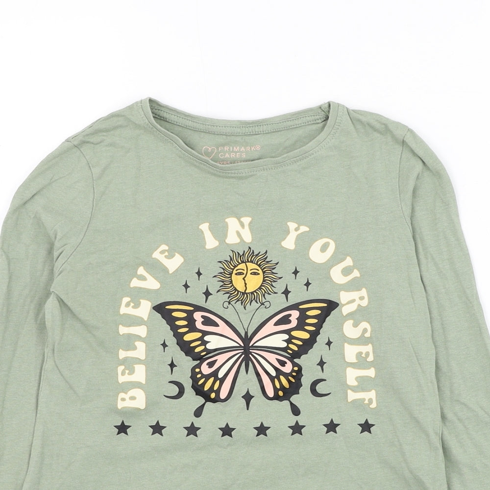 Primark Girls Green Cotton Basic T-Shirt Size 8-9 Years Round Neck Pullover - Believe In Yourself