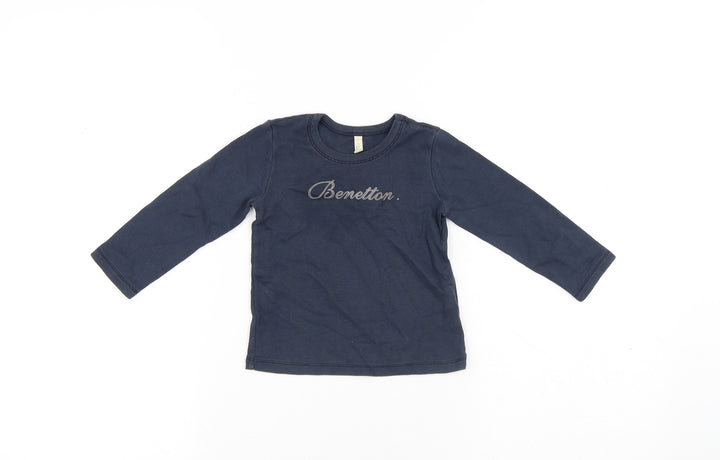 United Colors of Benetton Girls Blue Cotton Pullover T-Shirt Size 12 Months Round Neck