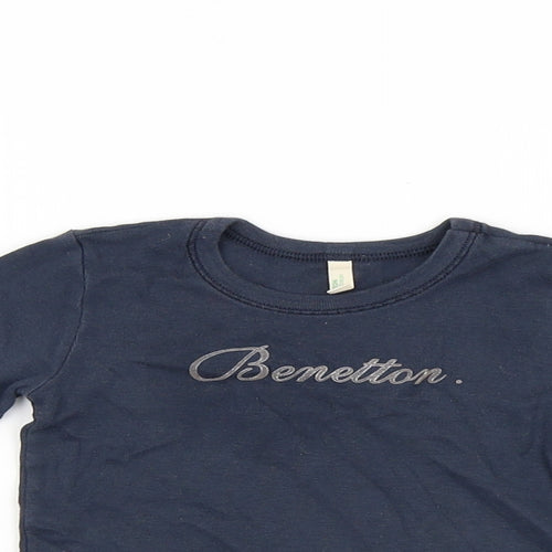 United Colors of Benetton Girls Blue Cotton Pullover T-Shirt Size 12 Months Round Neck