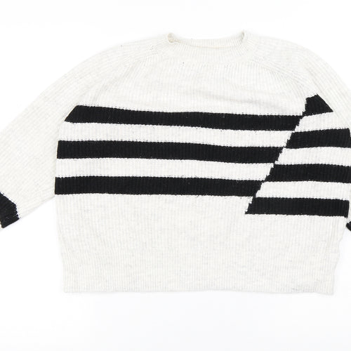 Marks and Spencer Womens White Round Neck Striped Acrylic Pullover Jumper Size M
