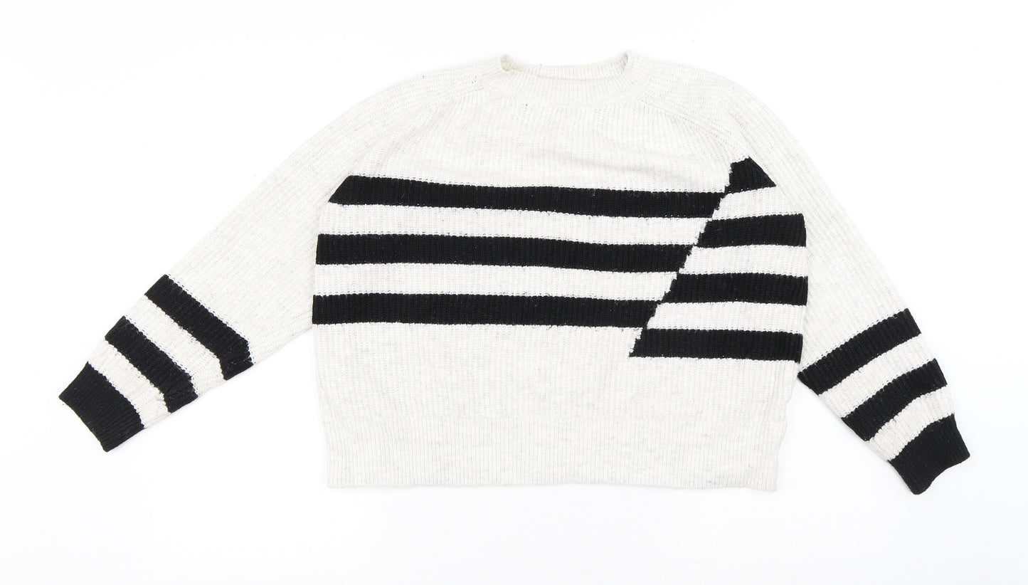 Marks and Spencer Womens White Round Neck Striped Acrylic Pullover Jumper Size M