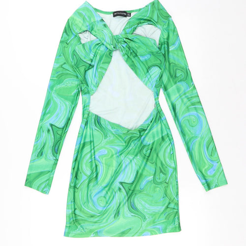PRETTYLITTLETHING Womens Green Geometric Polyester A-Line Size 6 V-Neck