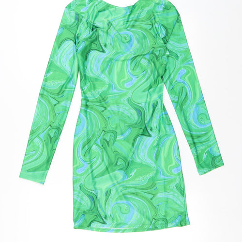 PRETTYLITTLETHING Womens Green Geometric Polyester A-Line Size 6 V-Neck