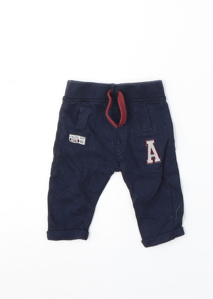 Baby Boys Blue Cotton Jogger Trousers Size 0-3 Months Drawstring