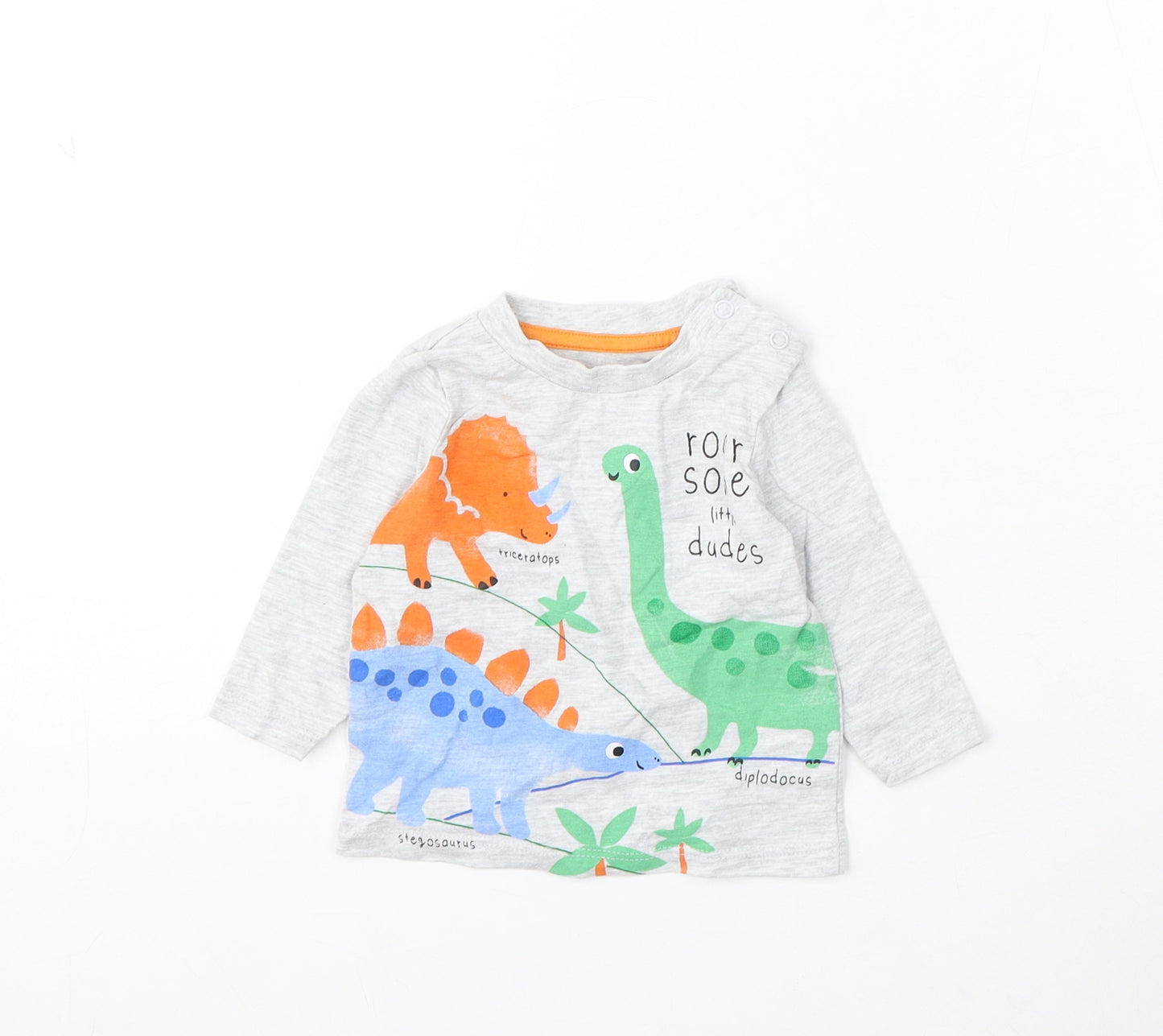 Dunnes Stores Boys Grey Cotton Basic T-Shirt Size 0-3 Months Round Neck Snap - Dinosaurs