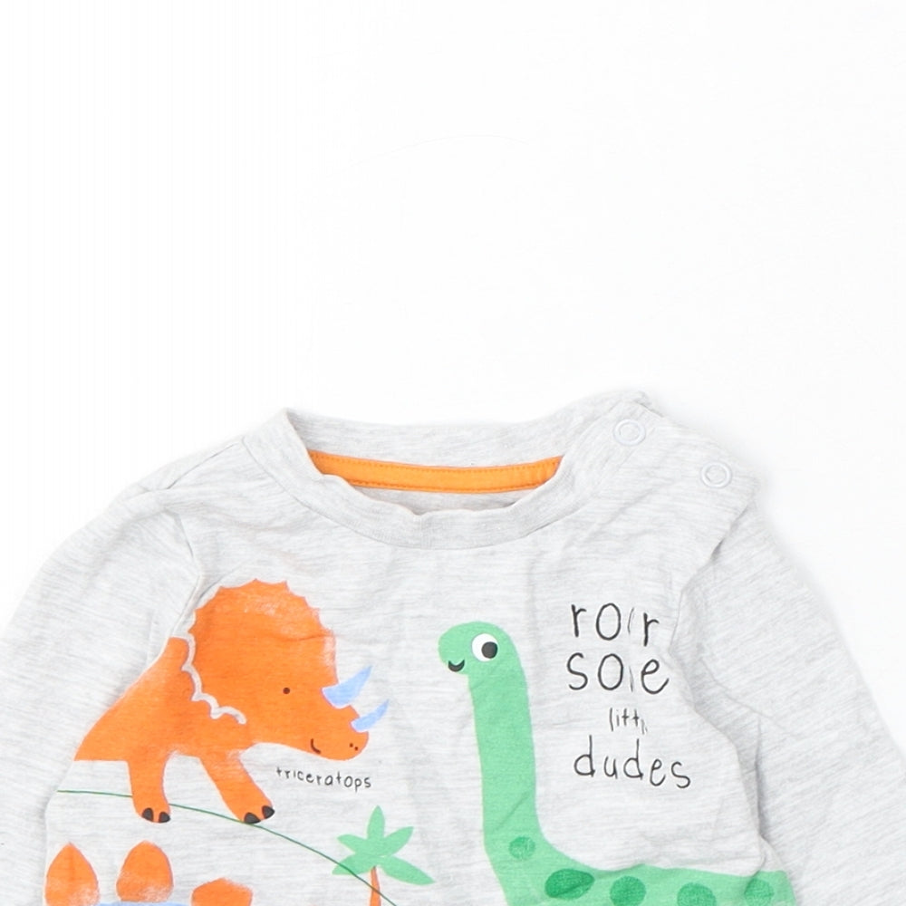 Dunnes Stores Boys Grey Cotton Basic T-Shirt Size 0-3 Months Round Neck Snap - Dinosaurs