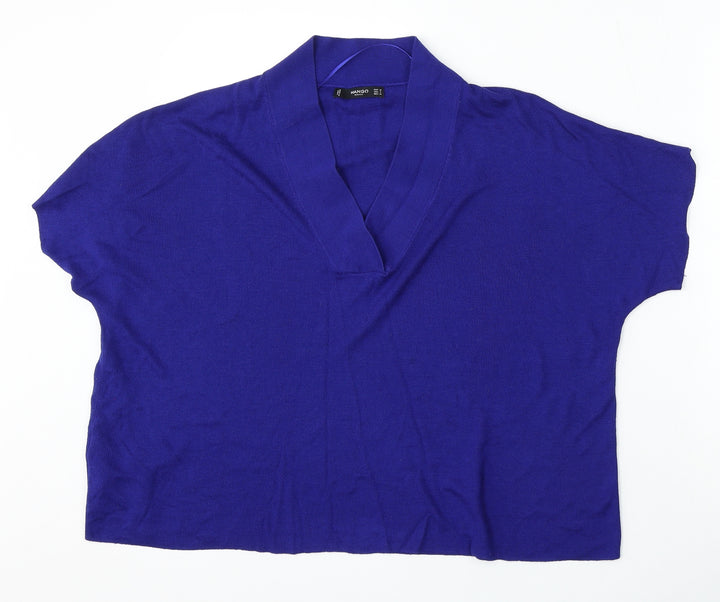 Mango Womens Blue V-Neck Acrylic Pullover Jumper Size M