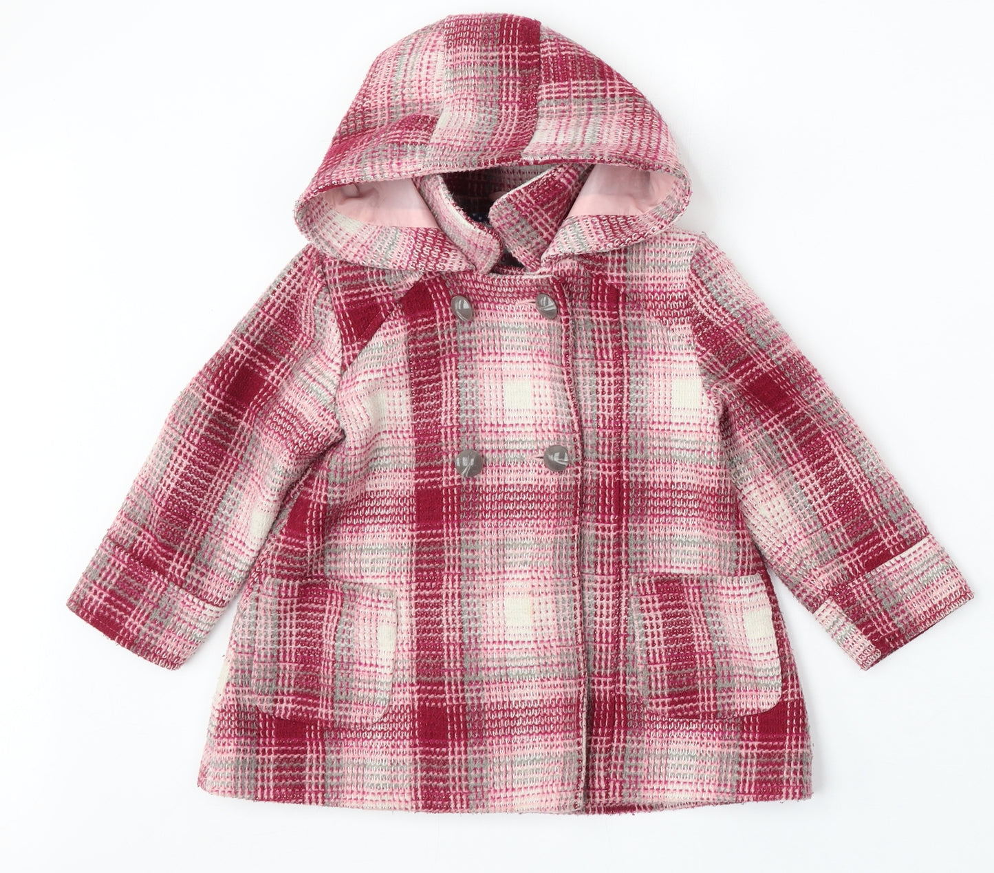 F&F Girls Pink Check Overcoat Coat Size 3-4 Years Button