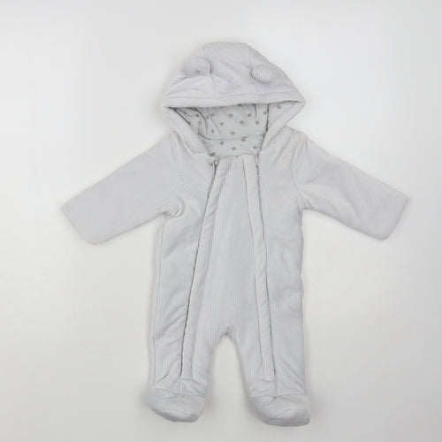 Matalan Baby Grey Quilted Snowsuit Size 0-3 Months Zip - Bear Hood