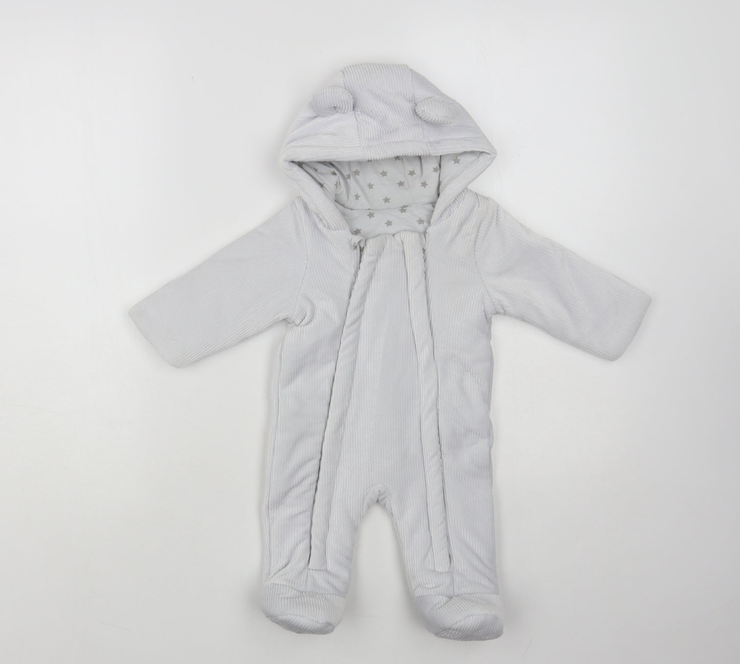 Matalan Baby Grey Quilted Snowsuit Size 0-3 Months Zip - Bear Hood