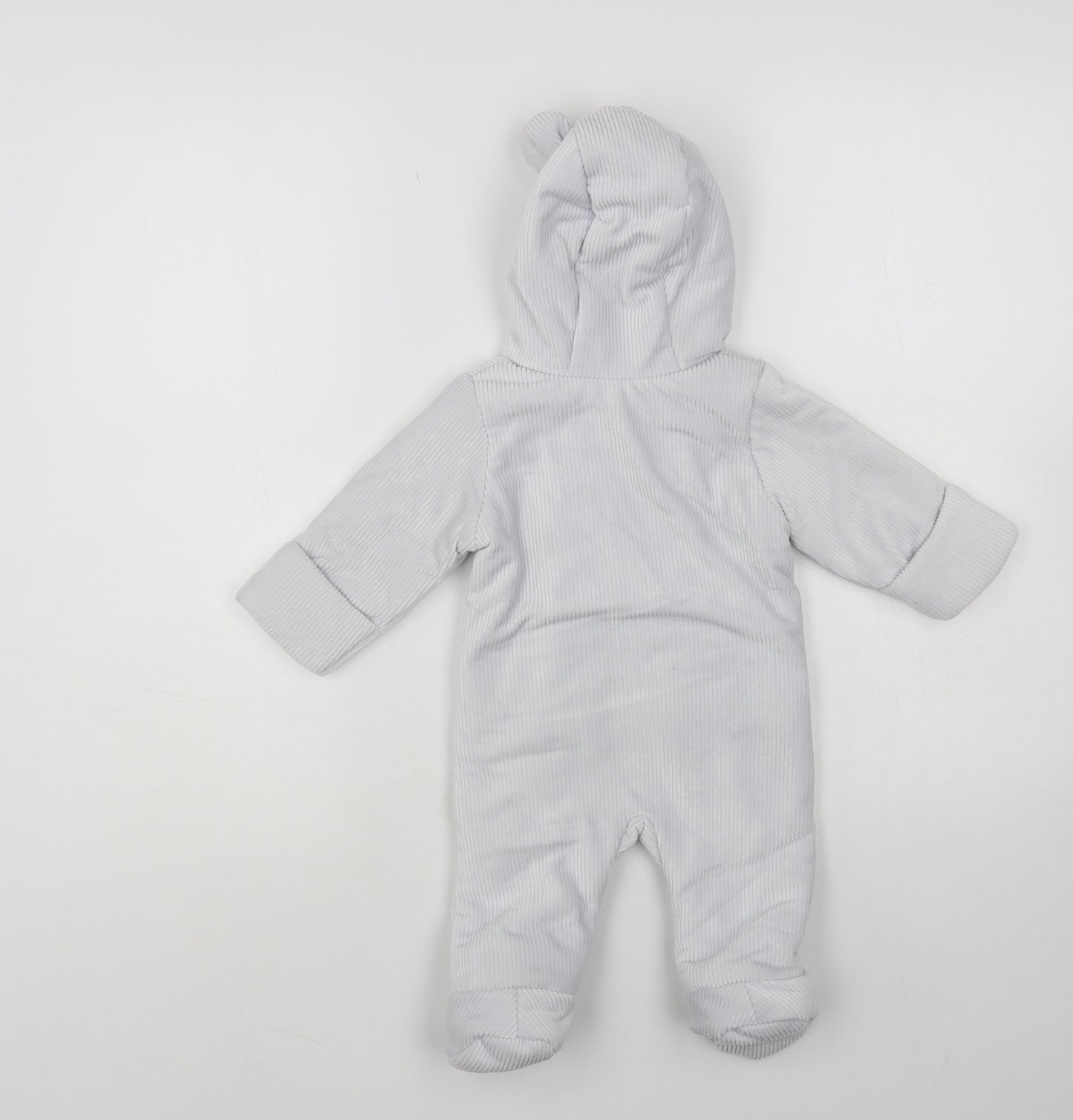 Matalan Baby Grey Quilted Snowsuit Size 0-3 Months Zip - Bear Hood
