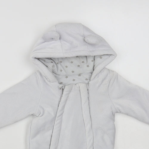 Matalan Baby Grey Quilted Snowsuit Size 0-3 Months Zip - Bear Hood