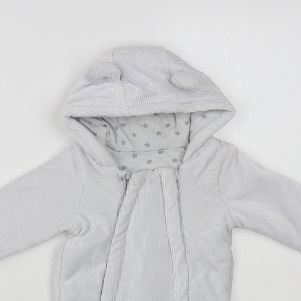 Matalan Baby Grey Quilted Snowsuit Size 0-3 Months Zip - Bear Hood