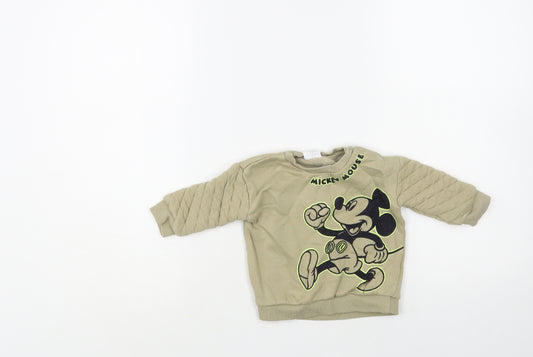 Front view of F&F Baby Green Cotton jumper, size 3-6, Months Snap - Mickey Mouse